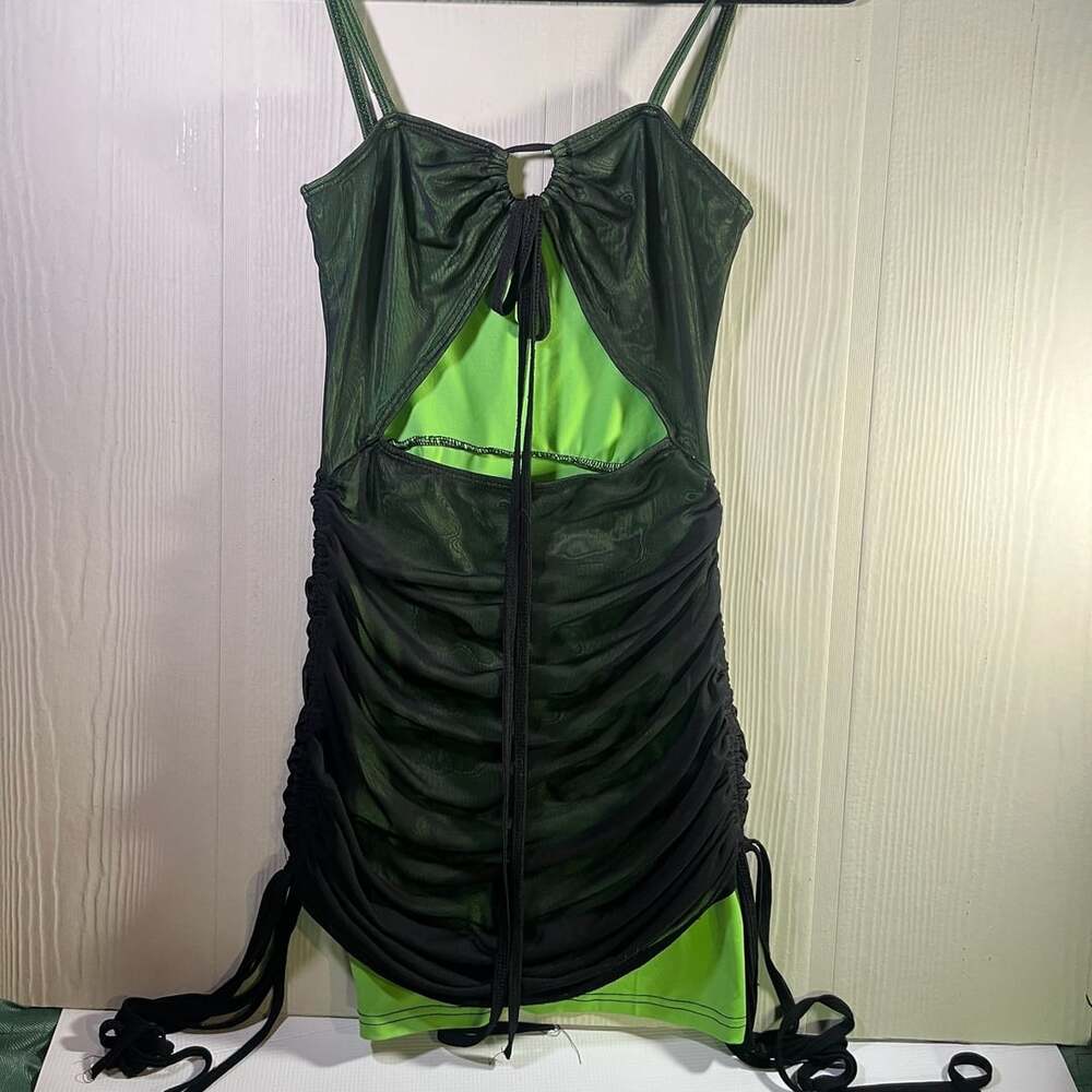 Dolls Kill Green Mesh Ruched Cut Out Mini Dress